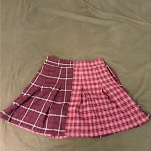 Hollister Two-Tone Plaid Skater Skirt - Burgundy and Pink